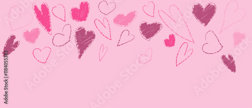 Pastel brush heart pattern. Hand drawn abstract Valentine border with crayon material. Grunge chalk scribble  for 14 February. Lipstick or marker paintbrush stroke panorama design for presentation.