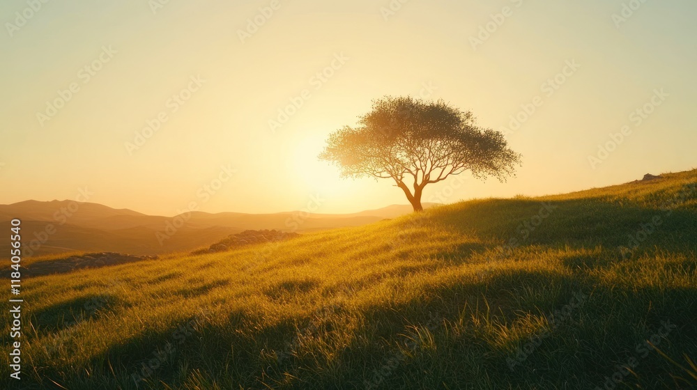 Solitary tree on grassy hill at sunset. (1) Solitary tree on grassy hill at sunset. (1)