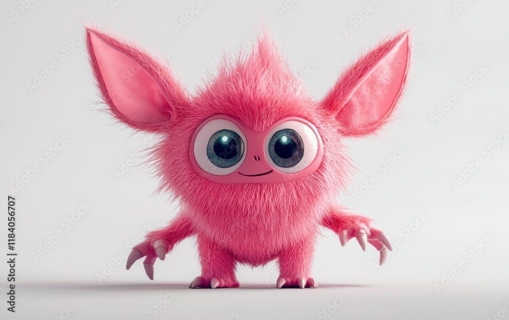 Fototapeta premium A cute pink monster with big ears and a playful expression, standing on a clean white backdrop