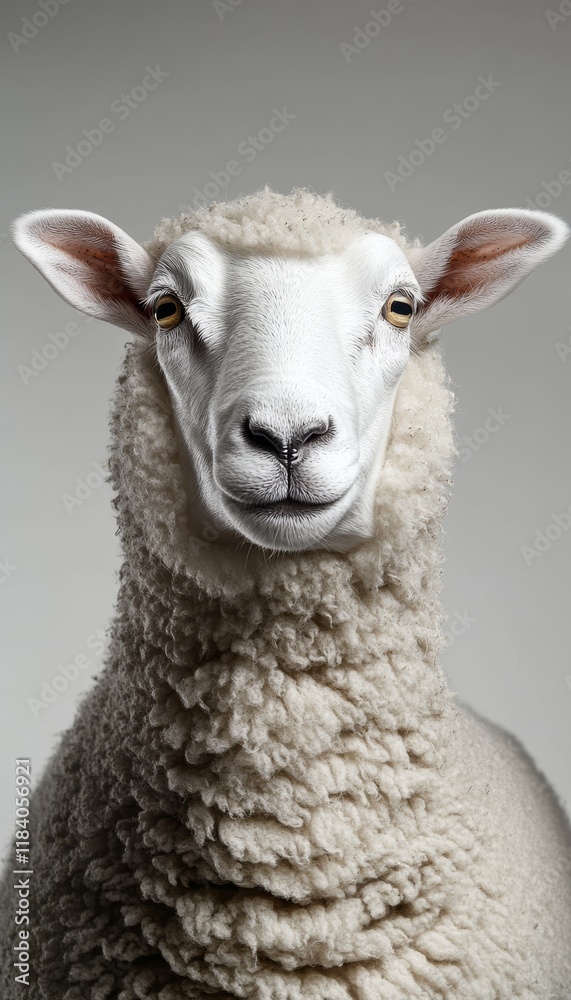 Portrait of a White Sheep on Gray Background Close-up on Curly Wool and Gentle Expression. Portrait of a White Sheep on Gray Background Close-up on Curly Wool and Gentle Expression.