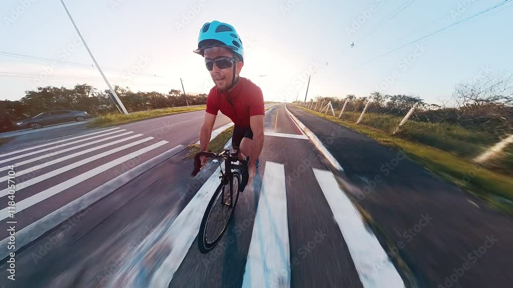 Amateur cyclist enjoys a ride on an empty bike path with a road bike. Man cycling fast on a dedicated bicycle lane. Florianopolis, Brazil
