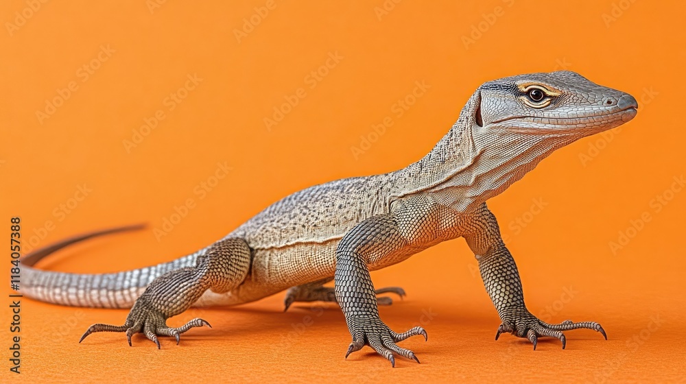 A full-body shot of a monitor lizard in a low stance, set against a dynamic, color-rich background. A full-body shot of a monitor lizard in a low stance, set against a dynamic, color-rich background.