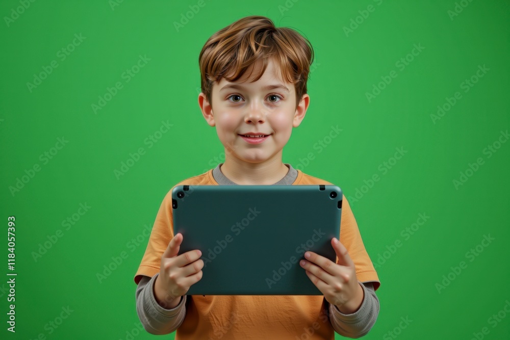 Happy Young Boy Using a Tablet Digital Technology Child with Gadget Green Screen Background Happy Young Boy Using a Tablet Digital Technology Child with Gadget Green Screen Background