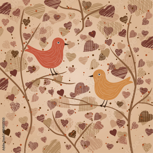 Valentine's Day background with bird and colorful hearts for greeting cards and gift design