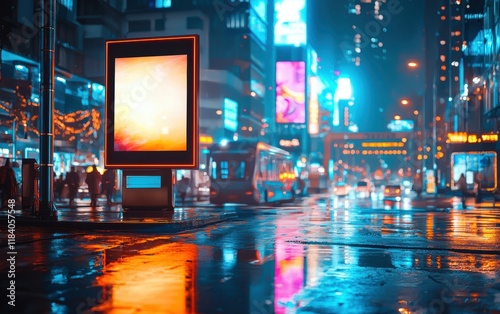 A digital billboard mockup glowing brightly in a busy downtown area at night, with reflective wet streets below photo