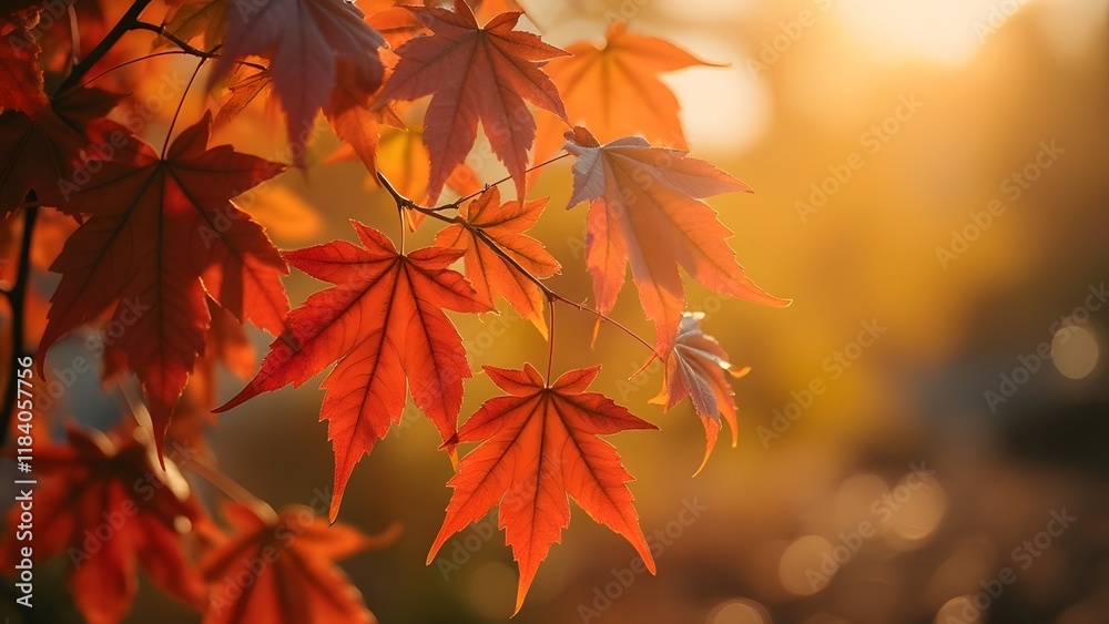 Vibrant Autumn Leaves Close-Up, Golden Hour Sunlight on Red Maple Foliage, Shallow Depth of Field Vibrant Autumn Leaves Close-Up, Golden Hour Sunlight on Red Maple Foliage, Shallow Depth of Field