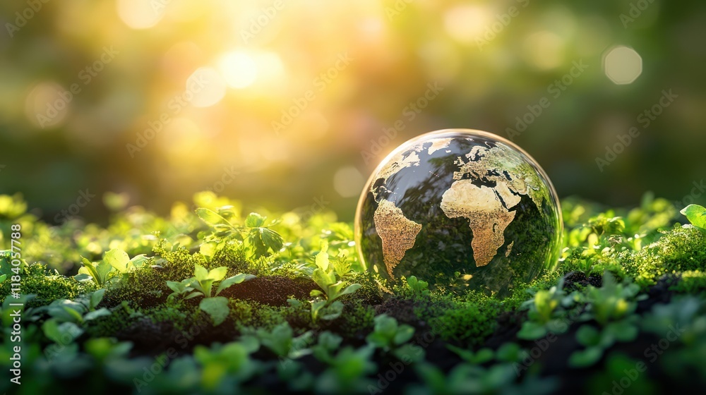 Glass globe sunrise, green sprouts, nature, environmental concept Glass globe sunrise, green sprouts, nature, environmental concept