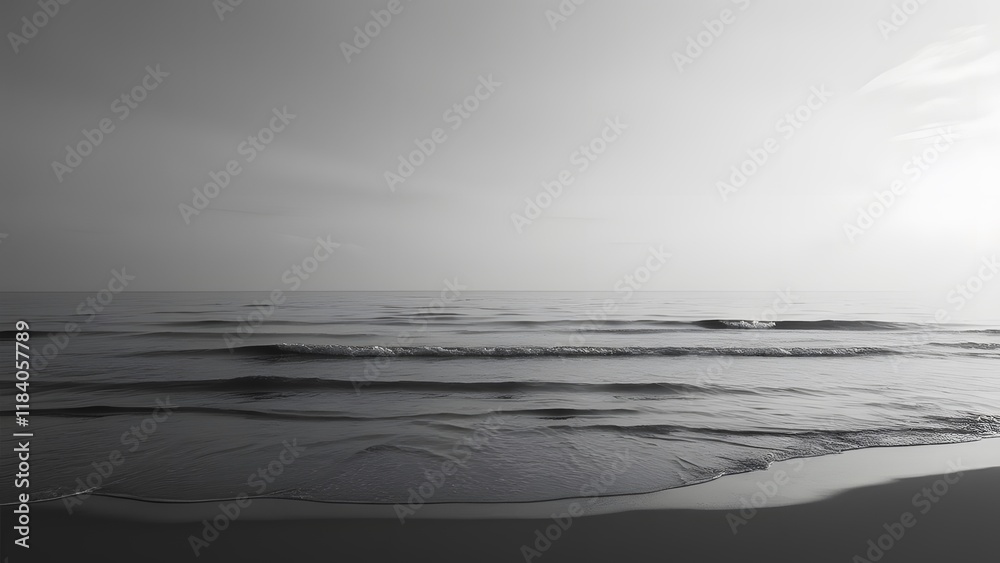 Obraz premium Serene Minimalist Black and White Beach Scene, Calm Sea, Tranquil Ocean Waves, Peaceful Coastal Landscape
