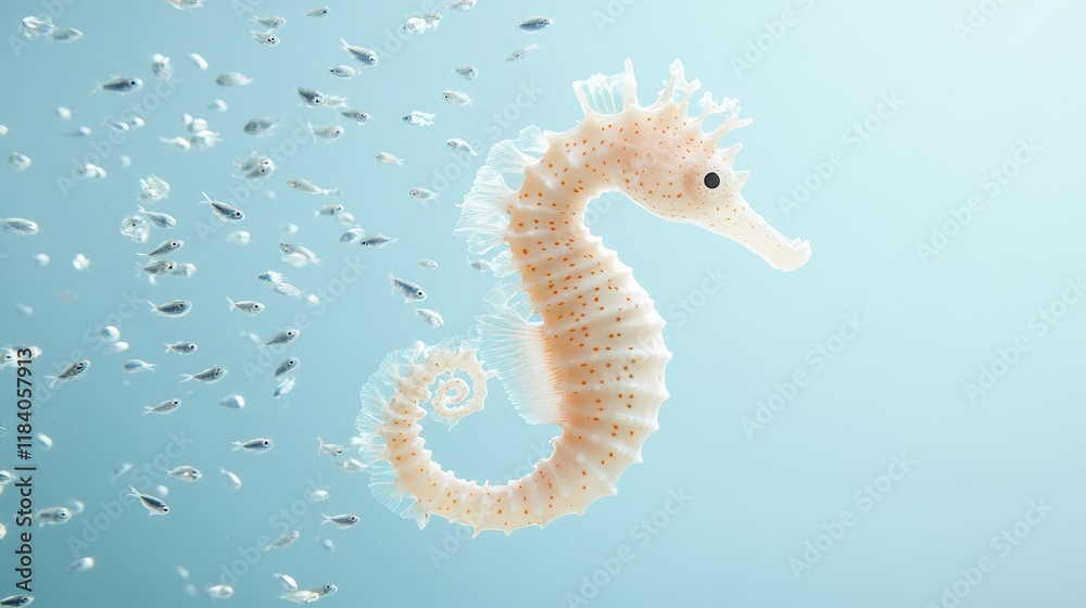 Fototapeta premium A lone seahorse surrounded by tiny fish, floating in a serene, light blue sea background.