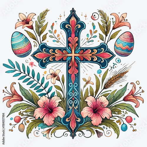 Easter christian cross with floral elements, easter decoration stock illustration