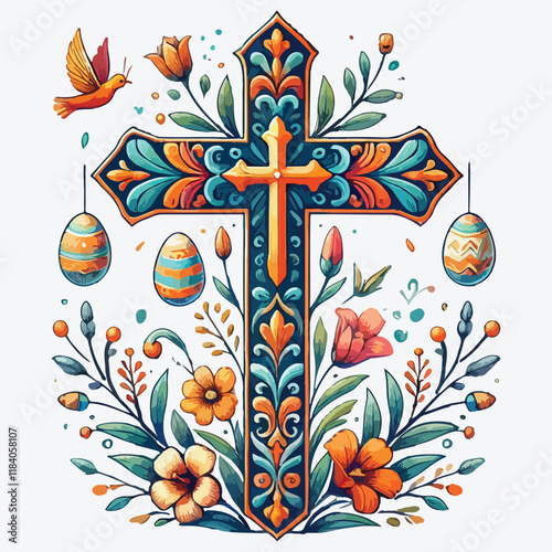 Easter christian cross with floral elements, easter decoration stock illustration