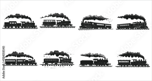 Train icon vector black silhouettes, Set of train silhouettes vector, Set of various train silhouettes icons, Cargo and passenger train silhouettes collection, Train transportation silhouettes vector