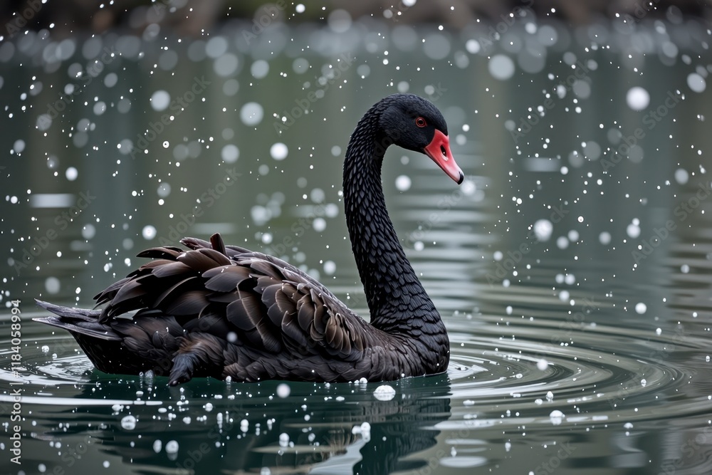 Fototapeta premium Elegant Black Swan Swimming in Calm Water Splashing Water Drops Dark Feathers