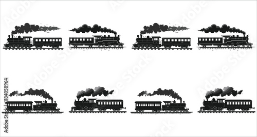 Train icon vector black silhouettes, Set of train silhouettes vector, Set of various train silhouettes icons, Cargo and passenger train silhouettes collection, Train transportation silhouettes vector