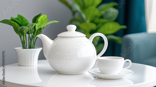 Wallpaper Mural Elegant White Teapot and Cup on Table with Green Plants Torontodigital.ca