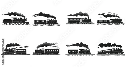Train icon vector black silhouettes, Set of train silhouettes vector, Set of various train silhouettes icons, Cargo and passenger train silhouettes collection, Train transportation silhouettes vector