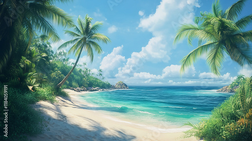 An idyllic tropical beach scene with lush green palm trees on a secluded cove, calm aquamarine waters stretching toward the horizon under a clear blue sky