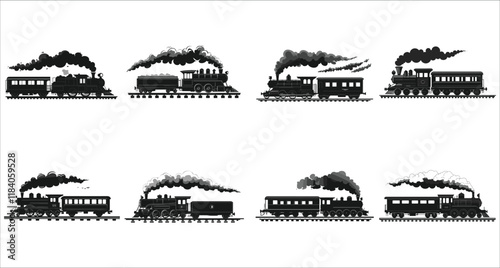 Train icon vector black silhouettes, Set of train silhouettes vector, Set of various train silhouettes icons, Cargo and passenger train silhouettes collection, Train transportation silhouettes vector
