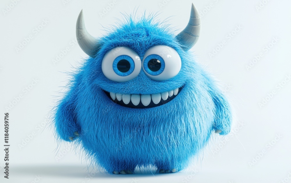 Obraz premium A fluffy blue monster with large round eyes and tiny horns, smiling cheerfully on a bright white background