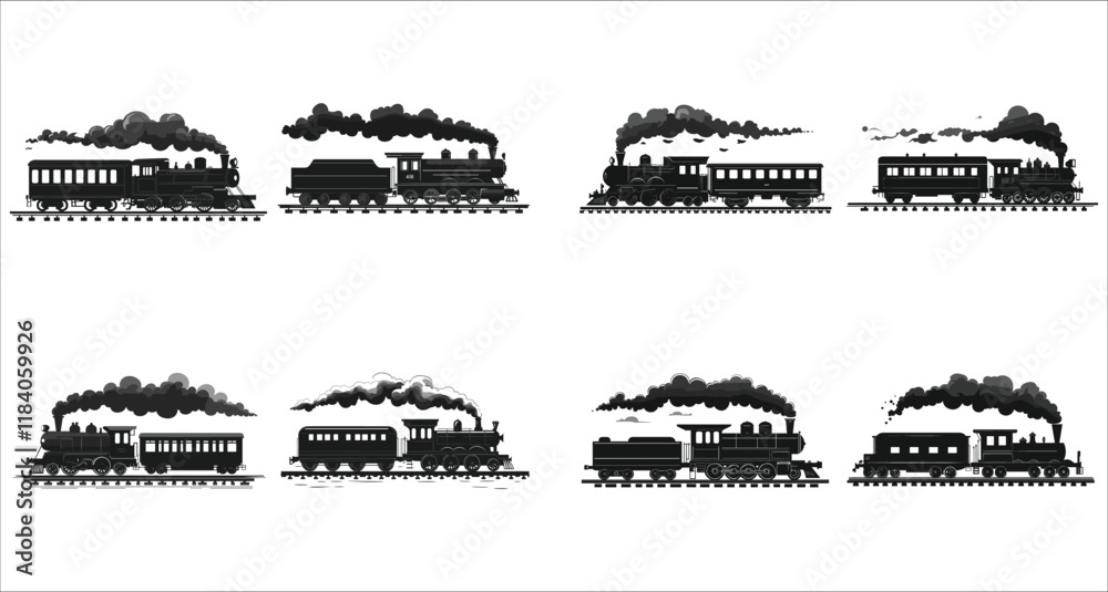 custom made wallpaper toronto digitalTrain icon vector black silhouettes, Set of train silhouettes vector, Set of various train silhouettes icons, Cargo and passenger train silhouettes collection, Train transportation silhouettes vector