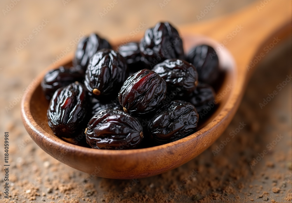 Wooden Spoon Holding Dried Black Raisins on Earthy Textured Surface
Wooden Spoon Holding Dried Black Raisins on Earthy Textured Surface