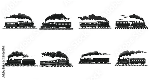 Train icon vector black silhouettes, Set of train silhouettes vector, Set of various train silhouettes icons, Cargo and passenger train silhouettes collection, Train transportation silhouettes vector