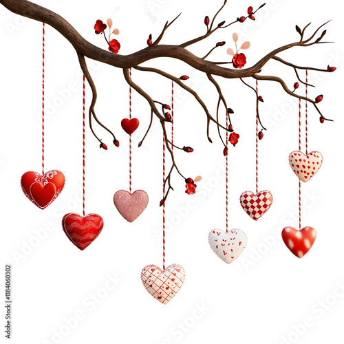 Valentine's Day hanging hearts on tree branch isolated transparent background png