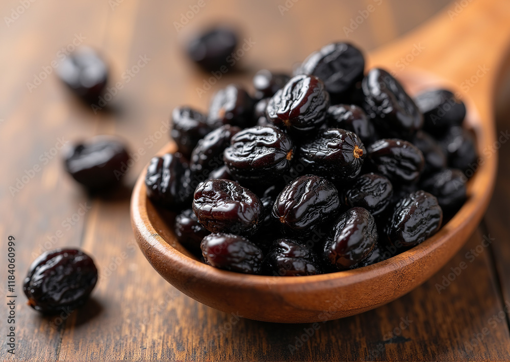 Dried Black Raisins in Wooden Spoon on Textured Background with Natural Light
Dried Black Raisins in Wooden Spoon on Textured Background with Natural Light