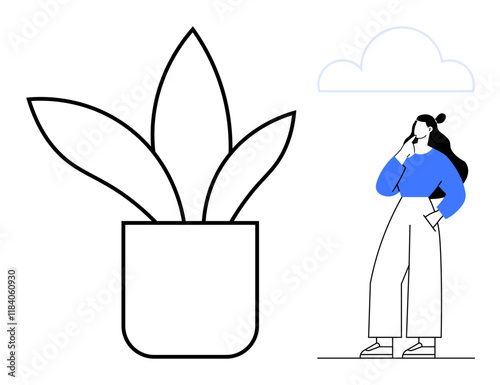 Woman in blue sweater with thoughtful pose beside large potted plant and cloud. Ideal for growth, contemplation, environment, mindfulness, planning, introspection, serenity themes. Abstract line flat