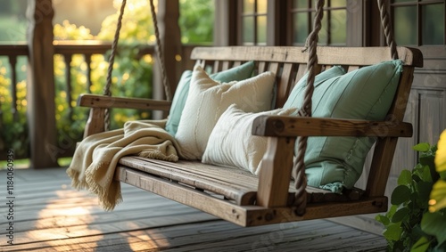 A beautifully crafted wooden swing with soft pillows sits on a porch, draped with a cozy blanket, basking in warm afternoon sunlight among vibrant green foliage. photo