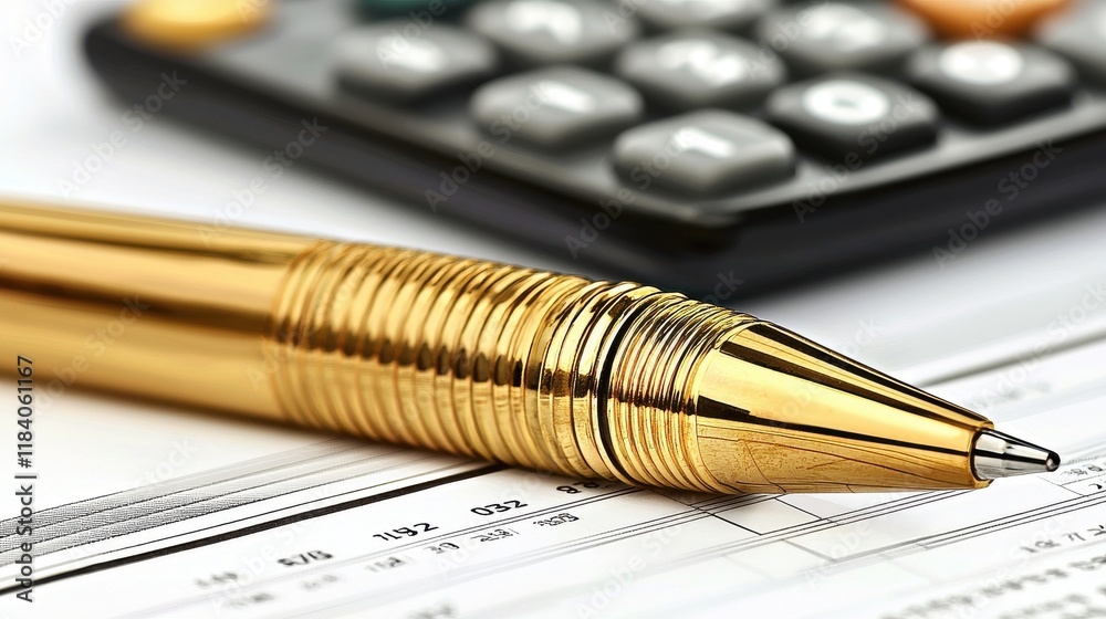 Elegant Golden Pen on Financial Documents with Calculator Nearby Elegant Golden Pen on Financial Documents with Calculator Nearby