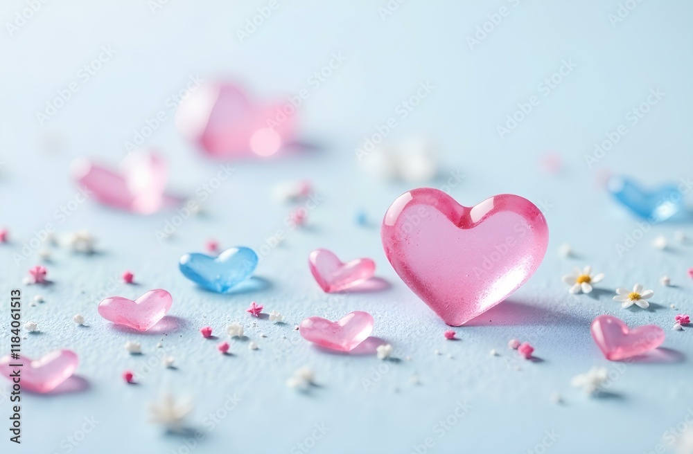 Obraz premium Light pink and blue small hearts and small flowers on a light background