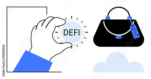 Hand holding DEFI coin, luxury handbag with tag, cloud icon. Ideal for digital finance, cryptocurrency, e-commerce, virtual assets, luxury goods trade investment financial technology. Abstract line