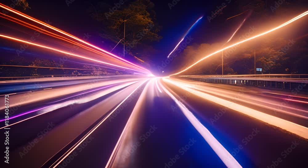 Light trails are speeding across a highway at night with glowing dots on the side creating a futuristic feel of fast internet connection 4K Light trails are speeding across a highway at night with glowing dots on the side creating a futuristic feel of fast internet connection 4K