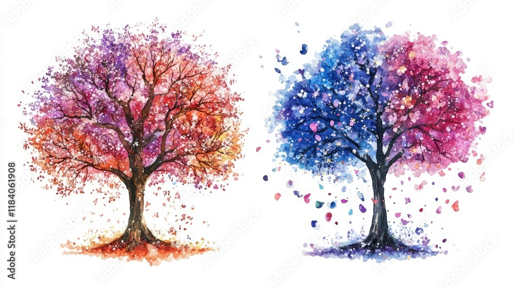 Obraz premium Whimsical Watercolor Trees with Colorful Blossoms and Falling Leaves