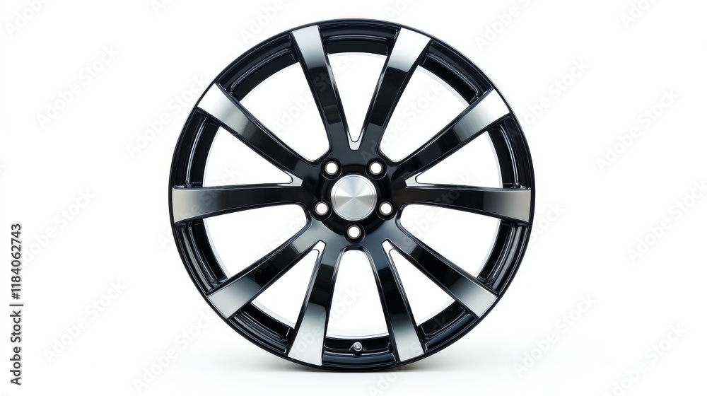 Close-up of a polished black alloy wheel with a silver center, isolated on a white background for clarity. Close-up of a polished black alloy wheel with a silver center, isolated on a white background for clarity.