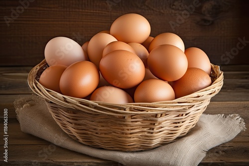 Fresh chicken eggs arranged on wooden surface