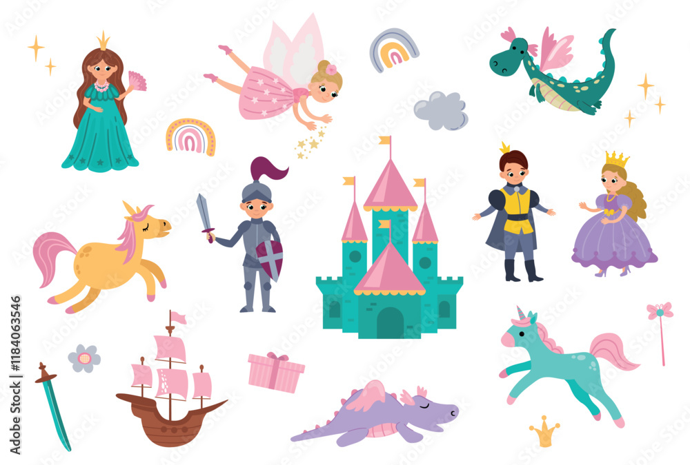 Naklejka premium Set of hand drawn princess, prince, castle, dragon, unicorn and other details for children's design. 