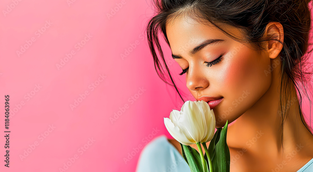 A cheerful young woman smiles brightly while holding a bouquet of fresh white tulips, standing in front of a beautifully textured pink wall. Sunlight illuminates her joyful expression. A cheerful young woman smiles brightly while holding a bouquet of fresh white tulips, standing in front of a beautifully textured pink wall. Sunlight illuminates her joyful expression.