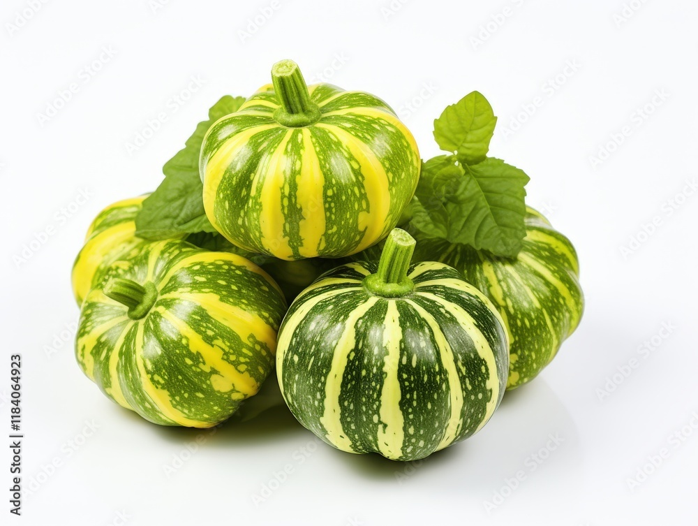 Fresh Variegated Pattypan Squash Piled with Green Leaves on White Background for Creative Culinary Displays and Food Photography Fresh Variegated Pattypan Squash Piled with Green Leaves on White Background for Creative Culinary Displays and Food Photography