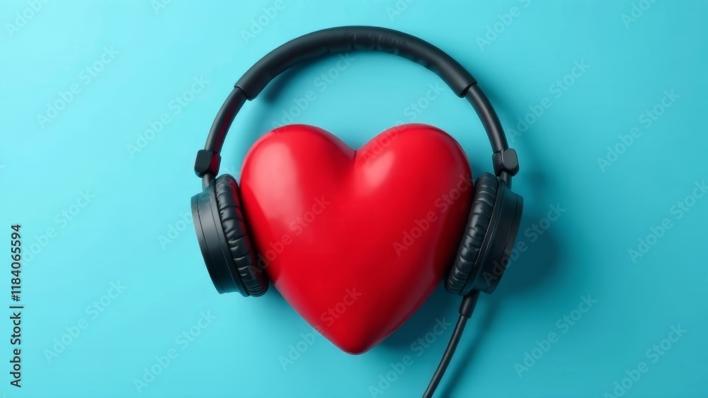 Music addiction. Music of love. Red heart with headphones on a blue background, listen to your heart
Music addiction. Music of love. Red heart with headphones on a blue background, listen to your heart