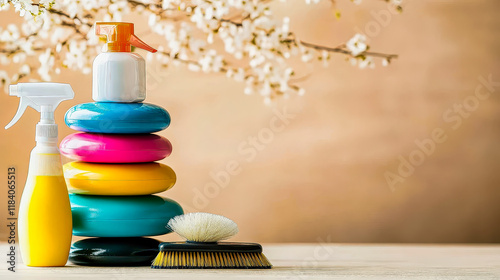 A vibrant pink spray bottle and a soft towel rest on a smooth surface beside a decorative vase filled with blooming flowers, creating a serene atmosphere ideal for freshening up.