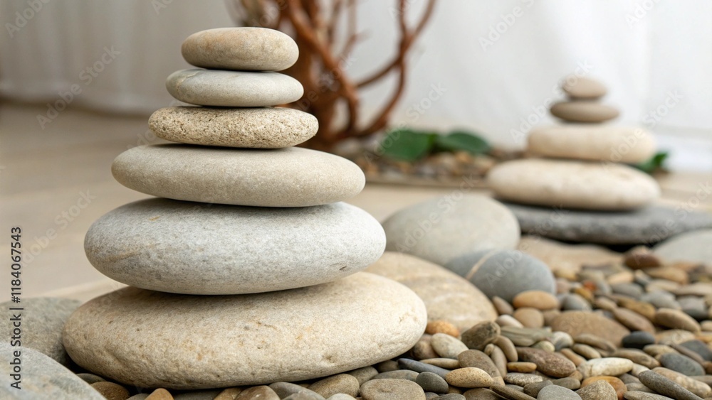 Stacked smooth flat stones of varying sizes in a serene indoor setting create a calming decor element. stack of stones on the beach