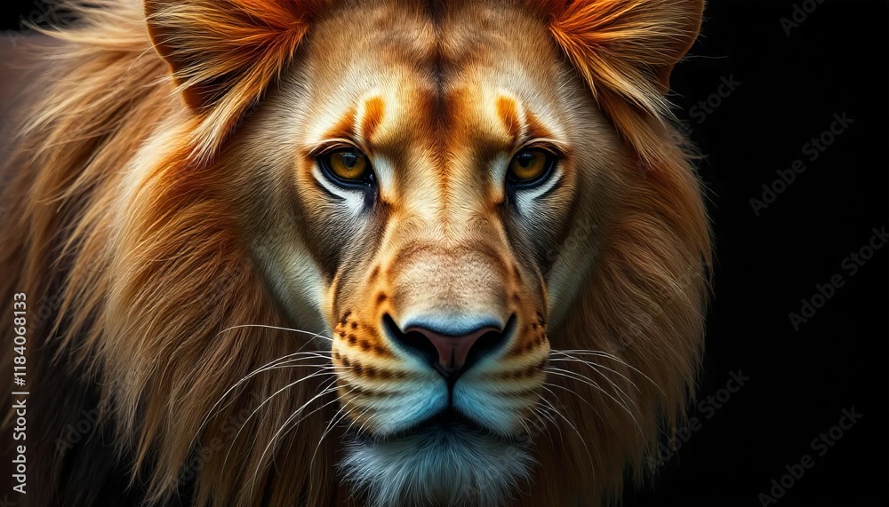 Male lion featuring a golden mane large piercing eyes isolated on a black background Male lion featuring a golden mane large piercing eyes isolated on a black background