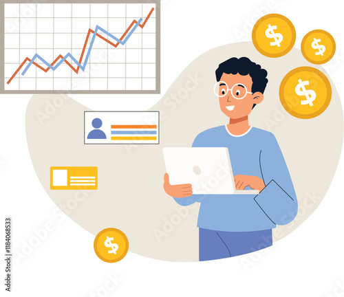 Finance management visualization with digital growth charts and currency elements.