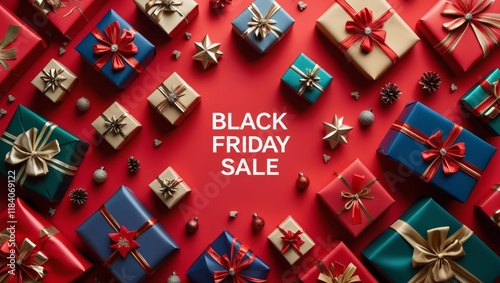 An overhead view showcases beautifully wrapped gifts in various colors and sizes, adorned with festive ribbons and bows, promoting an exciting Black Friday sale on a striking red background. photo