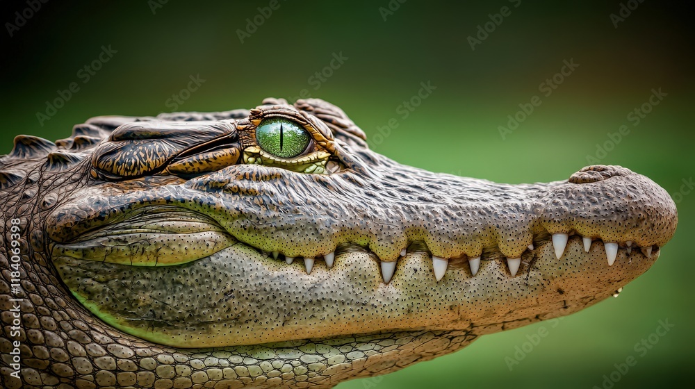 Obraz premium Close-up Portrait of a Crocodile with Striking Green Eye and Detailed Scales Against a Soft Green Background