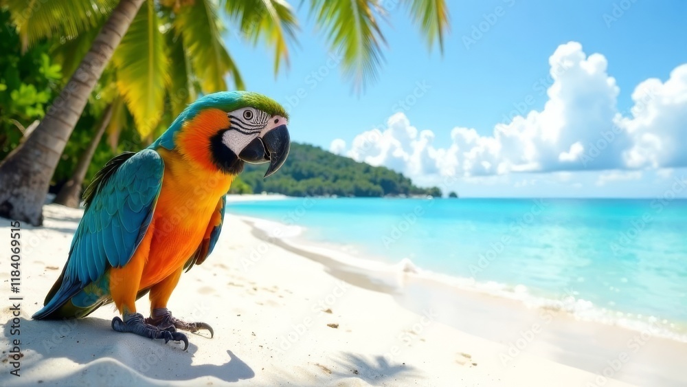 beautiful white beach, palm trees, tropics, a parrot peeks out in the left corner, background sea, ocean. beautiful white beach, palm trees, tropics, a parrot peeks out in the left corner, background sea, ocean.