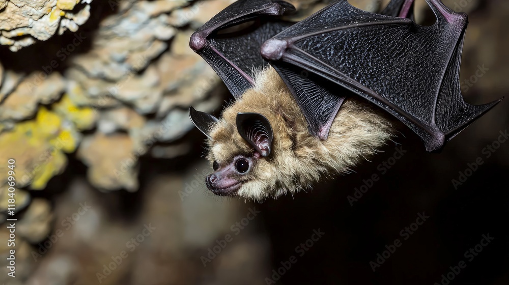Naklejka premium Close-up of a pale brown bat hanging in a cave.