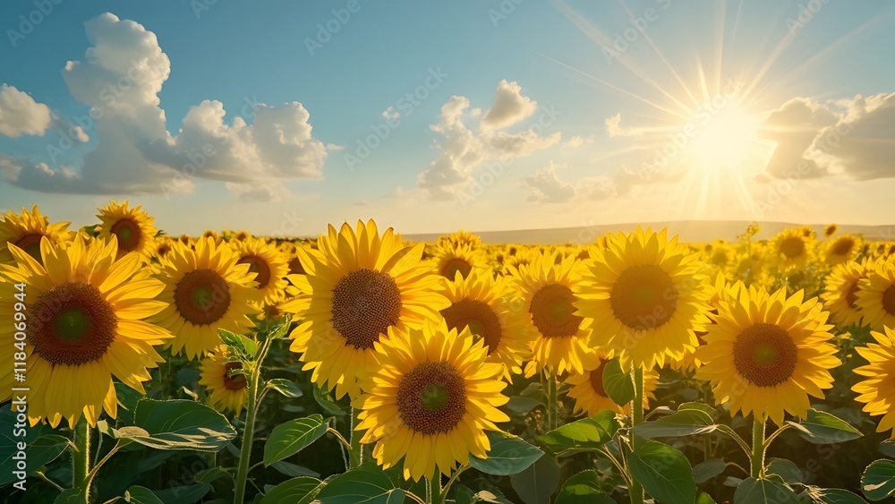 Fototapeta premium Golden Hour Sunflowers, Vibrant Field of Sunflowers at Sunset in a Golden Sky